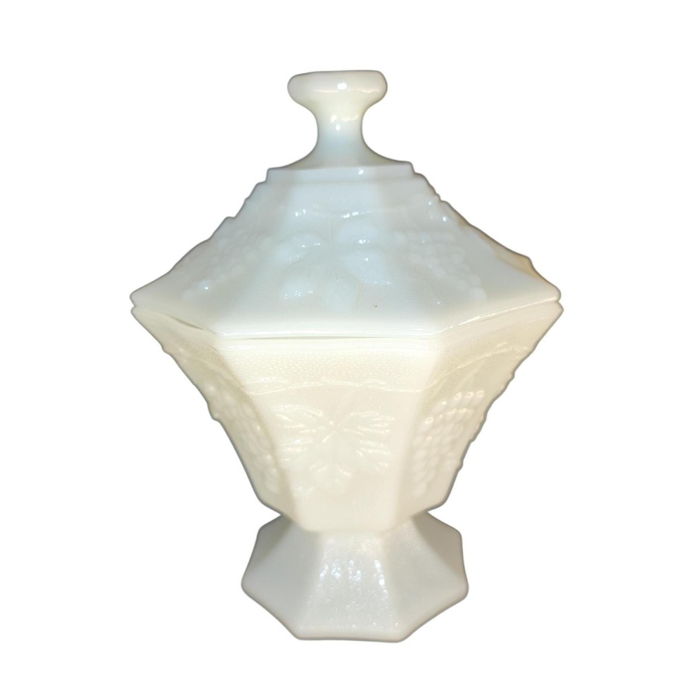 Anchor Hocking Milk Glass Pedestal Candy Dish with Lid, Grape Harvest Vintage